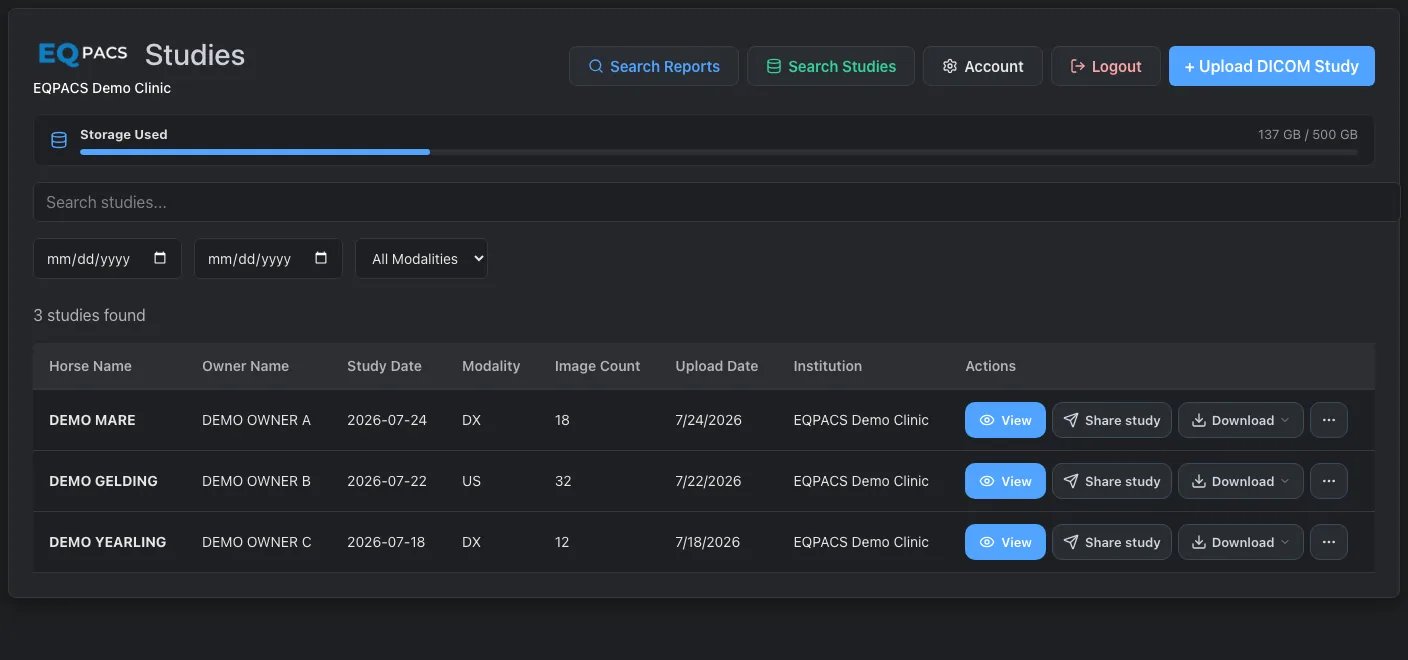 EQPACS demo clinic dashboard with three example studies