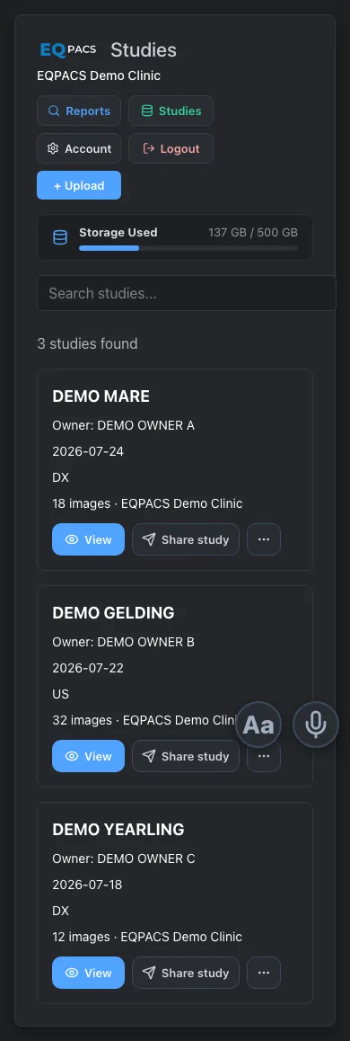 EQPACS demo clinic study list displayed on a mobile phone